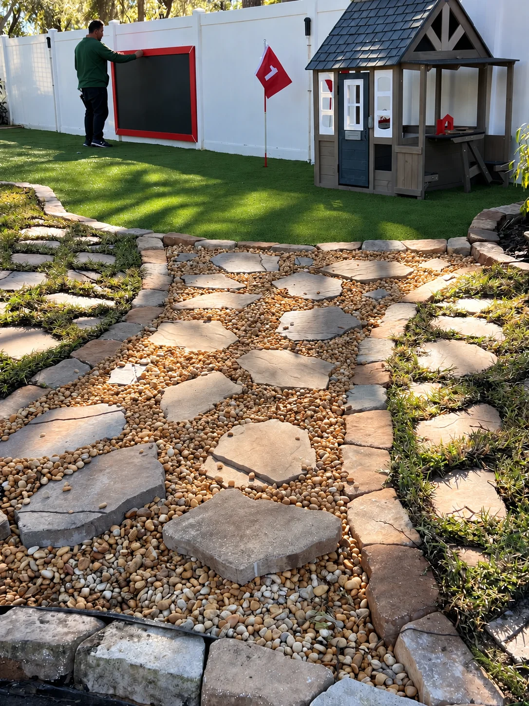 Stone path leading into the finished turf play area